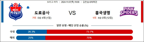 한국도로공사 흥국생명 【 V-리그(여) 】분석 스포츠중계 20241107