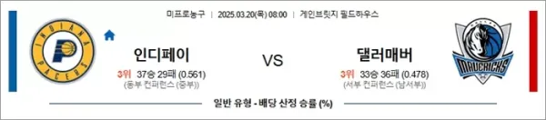 3월 20일 NBA 인디페이 vs 댈러매버